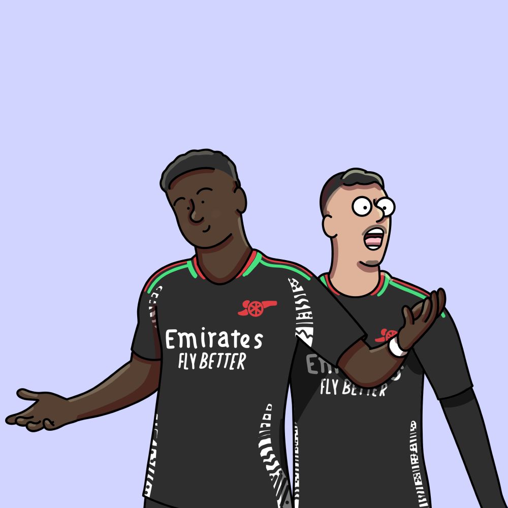 Saka and Martinelli celebrate but poorly drawn.