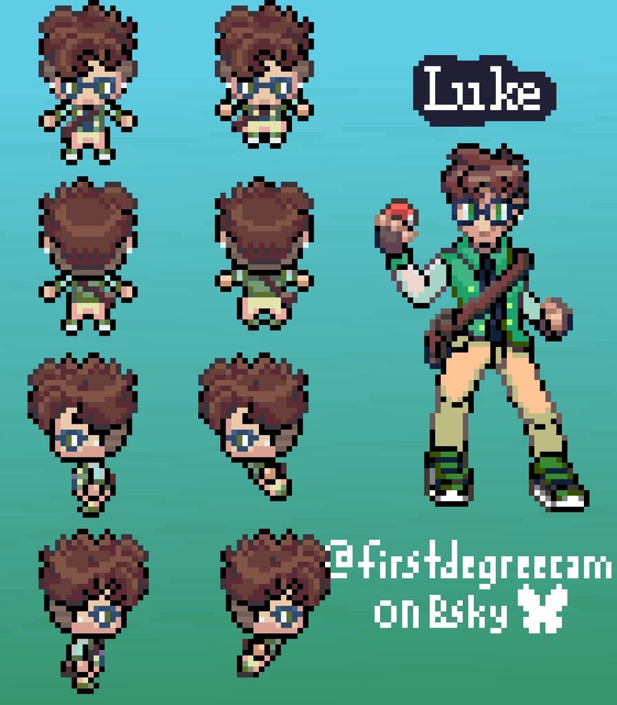 Walk cycle, run cycle, and standing sprite of a trainer named Luke, he is one of the player's friends. He's a nerdy guy wearing a letterman jacket, glasses, khakis, and tennis shoes. He has brown hair and green eyes.
