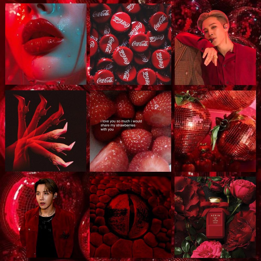 Jihope moodboard in shades of red. 
Top row: bright red lips; coke bottle lids; jimin in red, looking particularly smug
Second row: a leg with high heel, repeated like a optical illusion; a bunch of strawberries, with the sentence "I love you so much I could share my strawberries with you"; glittery party decorations shaped like strawberries
Bottom row: Hoseok in red, staring into the distance; a slited eye surrounded by scales; a bottle of perfume on a background of roses