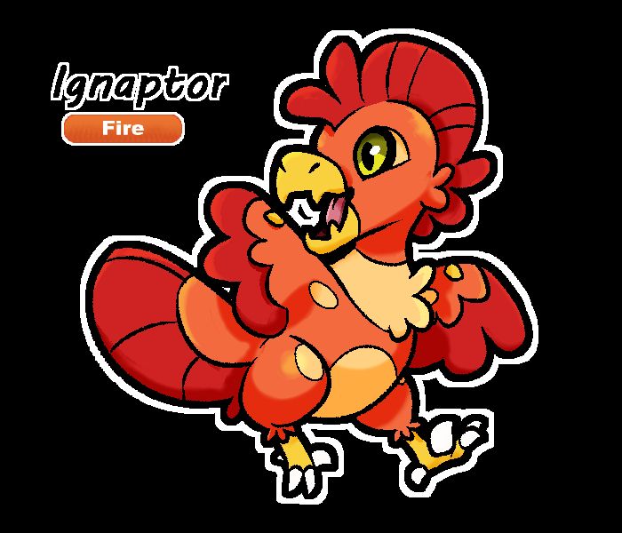 An orangish-red velociraptor drawn in the pokemon style, it's wings are held up and it looks happy. Above it is the name "Ignaptor" with the fire type element written below. 