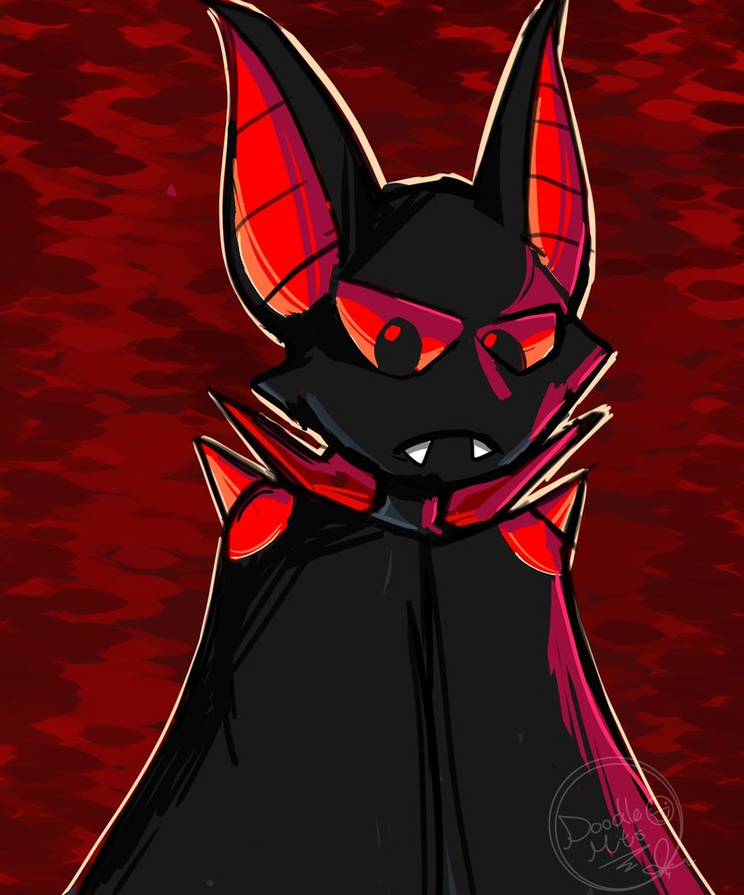A black and red bat with a black cloak he is staring down at the viewer