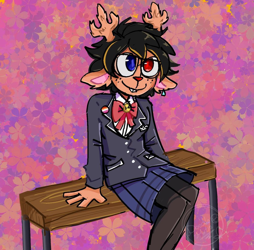A reindeer with orange tips and short black hair is sitting on a bench. She is wearing a school uniform.