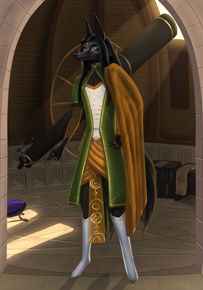 A stern looking jackal with blue eyes and long black hair, standing in the archway to an ancient looking observatory, dressed in chartreuse, orange and white clothes with gold accents. He looks like he's just about ready to tell you to get the hell out and leave him to his studies.