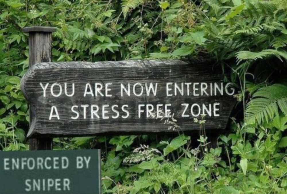 Sign in the woods that says "You are now entering a stress free zone" with another, smaller sign photoshopped in reading "Enforced by sniper"