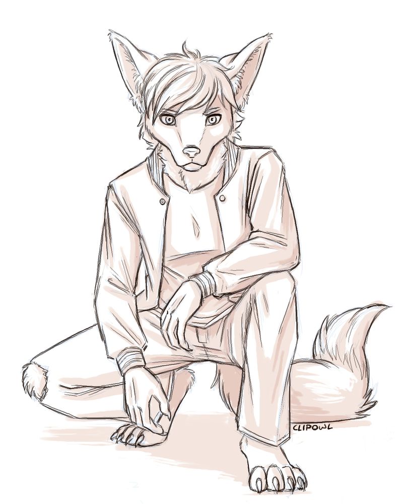 Sketch of an anthro fox crouched down and wearing a letter jacket and jeans