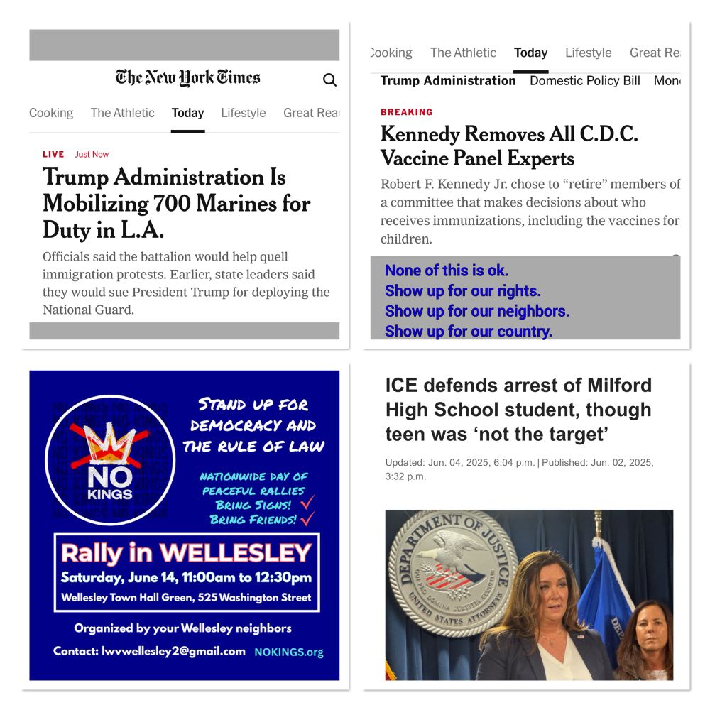 A No Kings flyer surrounded by news clips about Marines in LA, RFK Jr firing vaccine panel, and Milford child’s ICE detention. 