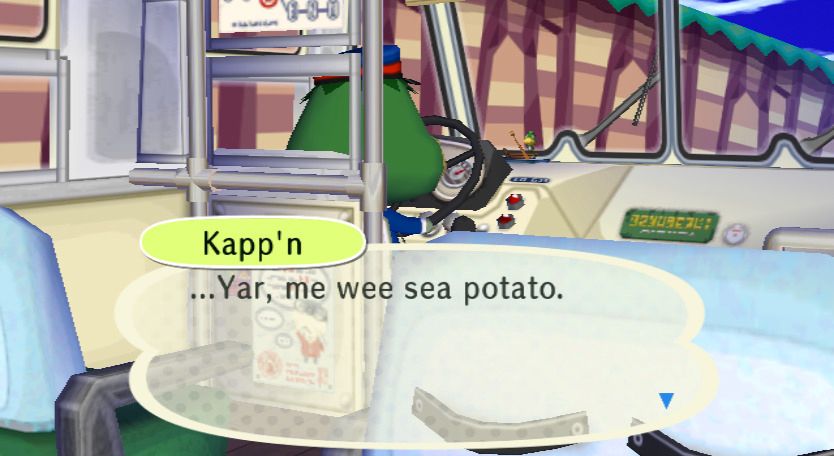 Kapp’n from animal crossing new leaf saying “yar me wee sea potato” 