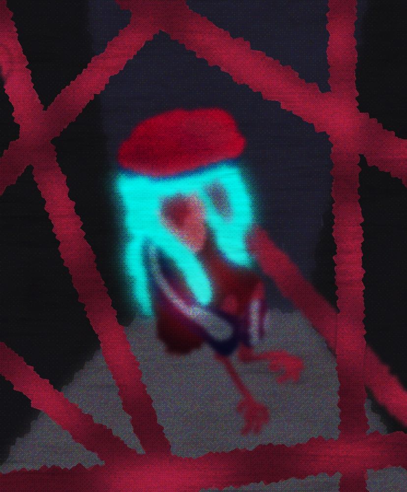 a grainy digital drawing of a bird with a bioluminescent jellyfish for a head. the subject, sitting on the floor holding his knees to his chest, is slightly blurred. unblurred, in the foreground, is his heavily stretched out neck, which protrudes from under the jellyfish's bell and somewhat frames the subject. the head is not visible.