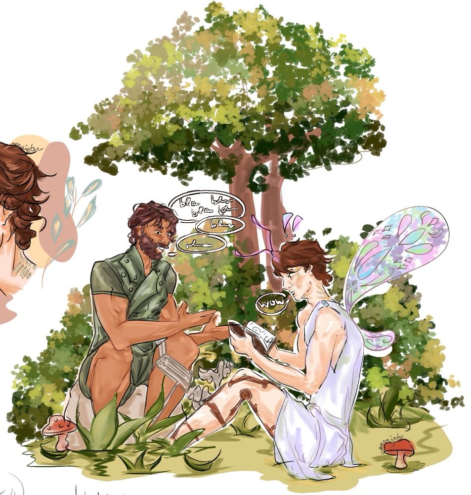 Jayce and Viktor sitting on the lawn. Viktor is holding a notebook belonging to Jayce, which he reads while Jayce is talking to him.