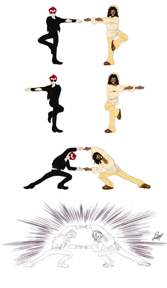 Part 2 of the fusion dance. It ends with Jesus and Crowley engulfed in intense bright light.