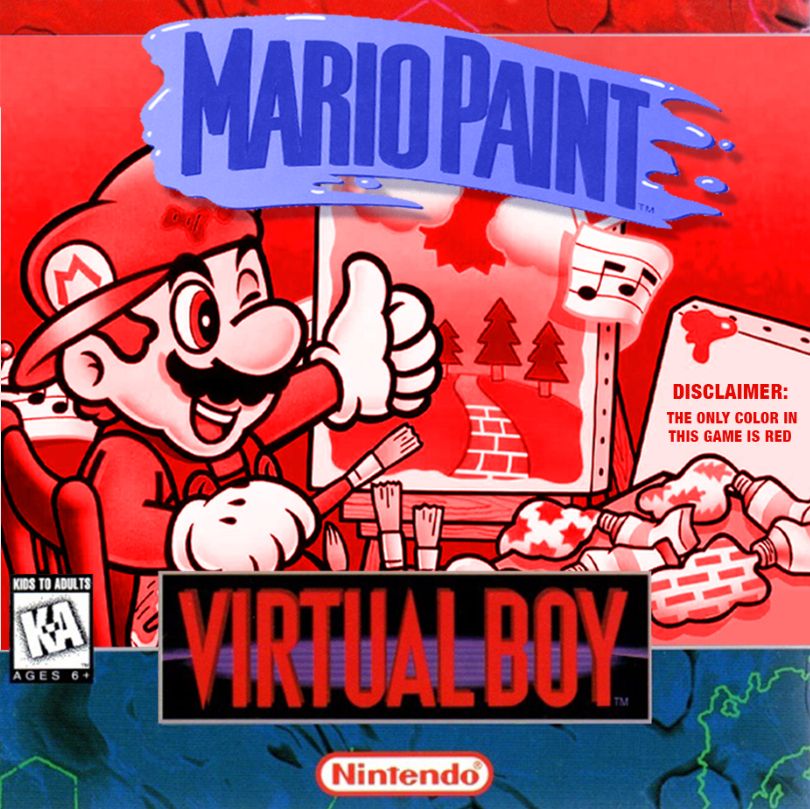 The cover of Mario Paint for Virtual Boy. Its the same as the Super Ninteno cover (artist Mario painting a picture) but it's all red. It says "Disclaimer: The only color in this game is red"