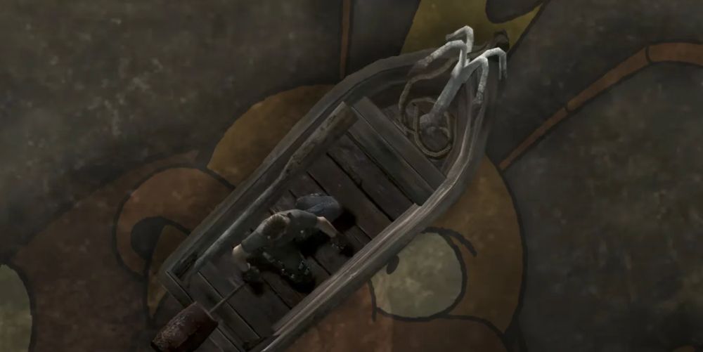 Leon Kennedy crossing the lake in RE4 while a monstrous King Cockroach lurks underneath.