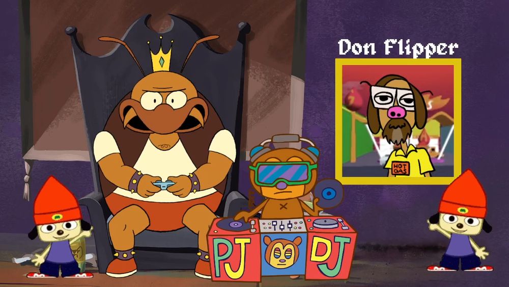King Cockroach freestyles with the gas station owner from PaRappa the Rapper.