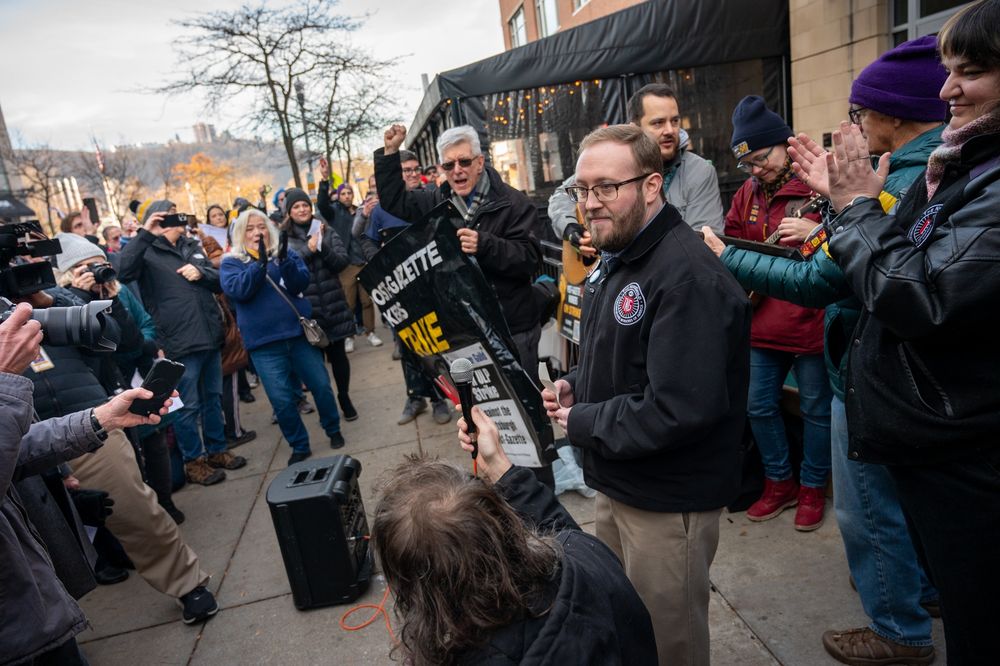 Andrew Goldstein, our local president of the Newspaper Guild of Pittsburgh, smiling while he gave a speech before they walked back in. “Our job is to seek truth, to hold power to account. Our job is to afflict the comfortable and comfort the afflicted."