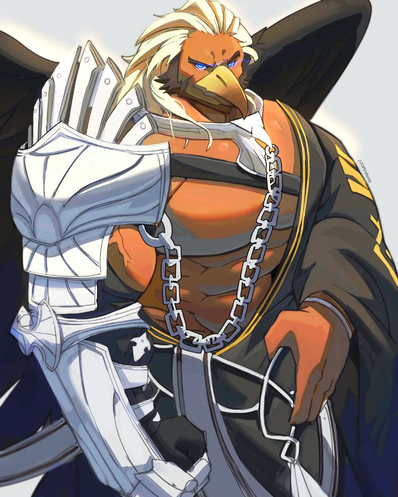 Nuadha from the MMORPG Mabinogi but as a muscular anthro bird man.