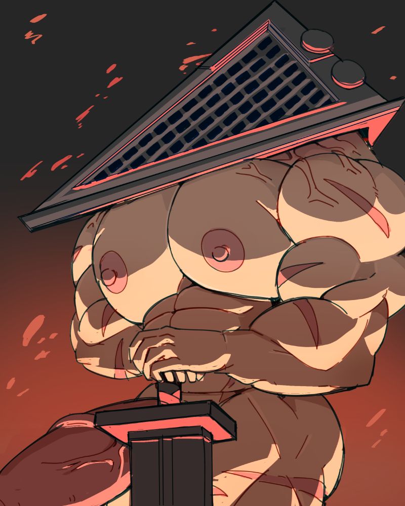 Bara Pyramid Head surrounded by fire with his dick out.