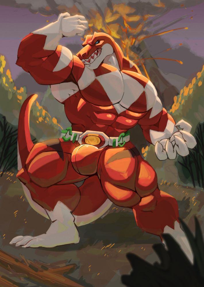 Red Ranger from the Mighty Mutant Power Rangers with a massive bulge against a volcano backdrop.