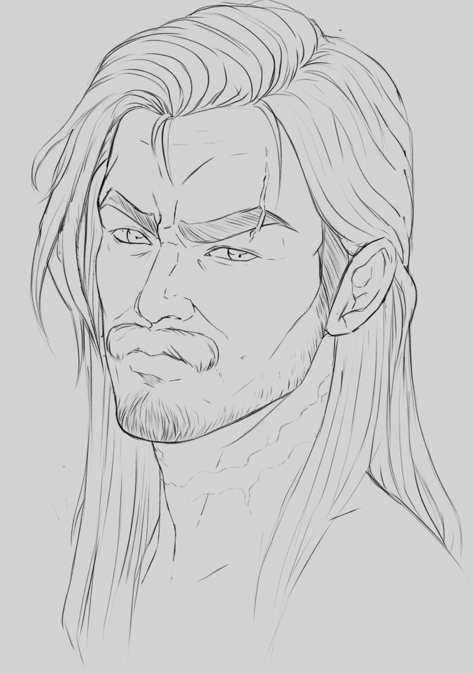 A sketch of a long haired man with a mustache.