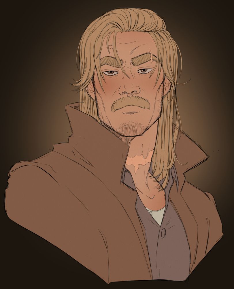 A colored sketch of a blond long haired man with a mustache.