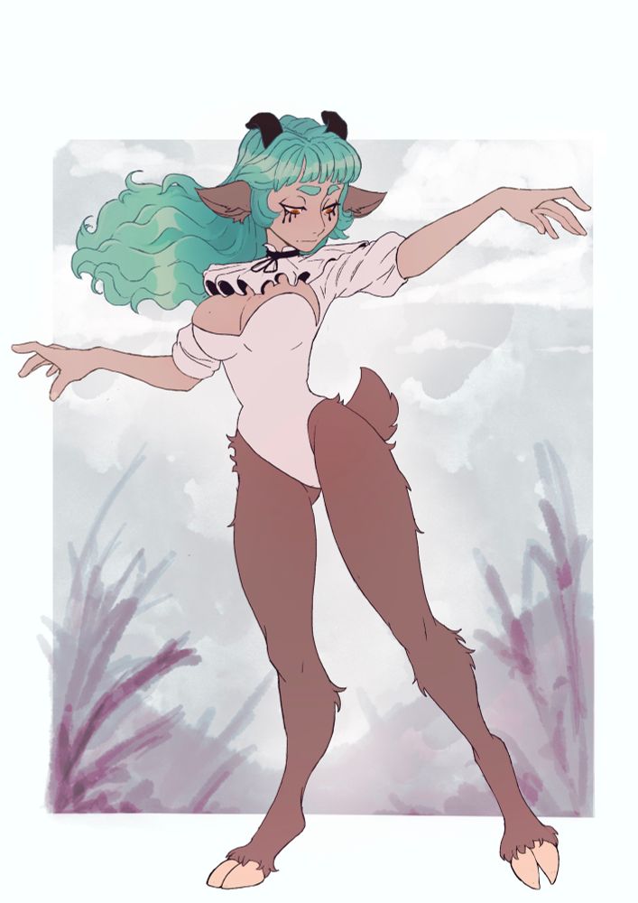 A digital drawing of a faun / satyr girl with green hair in a dance pose. She got black tears dripping down her cheeks