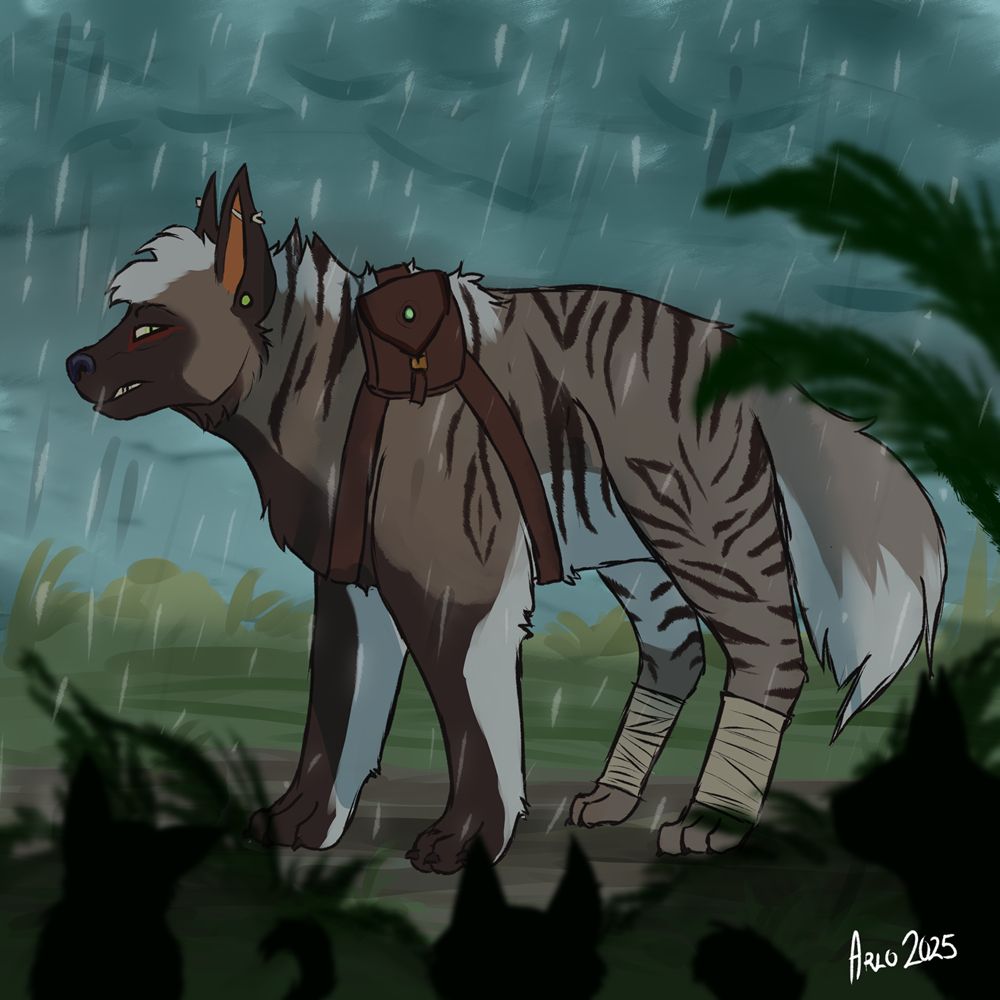 A digital painting of a striped hyena wandering down a pathway in the pouring rain. They look suspiciously to one side, carrying a pack strapped to their back, hesitant to move forward. At the forefront, we see the blurry silhouettes of several cat-like creatures. 