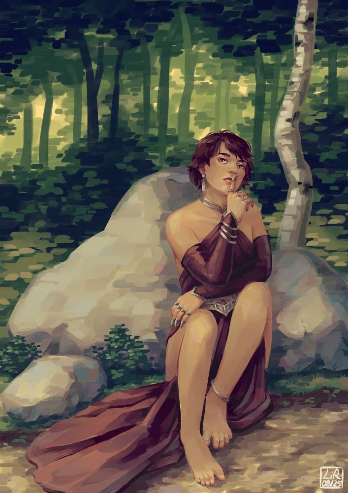 A digital painting of my original character Charis. They are sitting on the ground in a forest, leaning against a rock. The fabric of their dark clothes is spread out on the ground from behind their bare feet. One of their bejeweled hands is raised with their index finger pressed against their lips. Their expression is thoughtful.