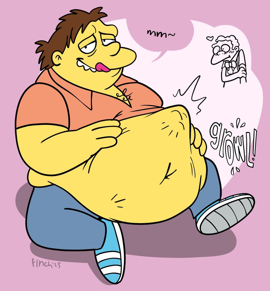 Digital drawing of Barney from the Simpsons with a full, bulging, oversized belly. He is sitting down and licking his lips. A small doodle of a flustered Moe is to the side.