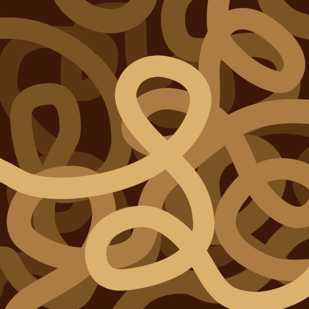 simplistic art of udon noodles in broth. Visually it is a series of looping lines over each other with the back most lines being a dark yellow brown and the front most being a pale yellow tan, all on a dark brown background.
