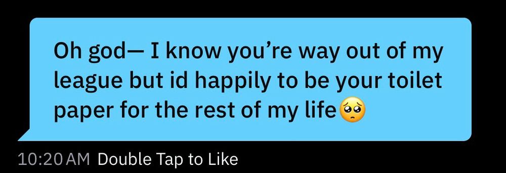 A screenshot of a message from grindr, someone saying “Oh god— I know you’re out of my league but I’d happily be your toilet paper for the rest of my life”