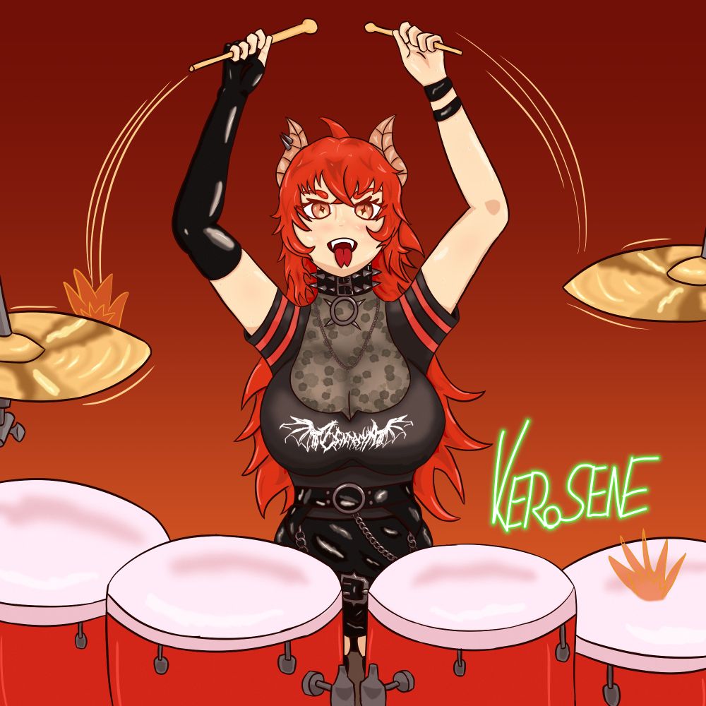 Zentreya the vtuber playing the drums enthusiastically 