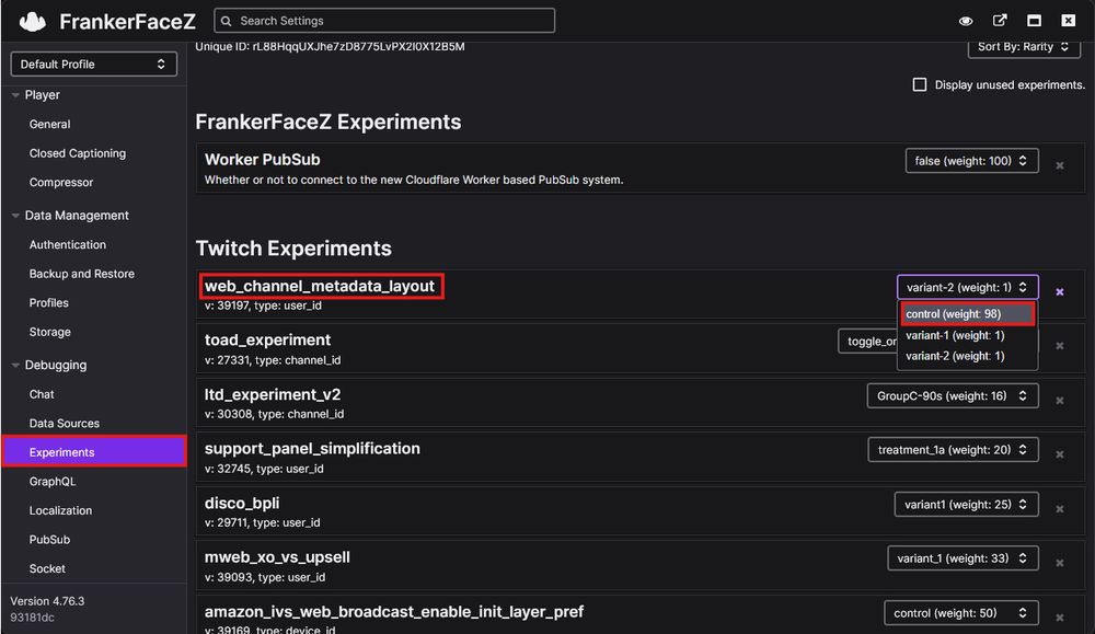 A screenshot of the FrankerFaceZ Control Panel showing which experimental setting to turn off to restore the Twitch Metadata layout back to the normal "below-the-player" layour