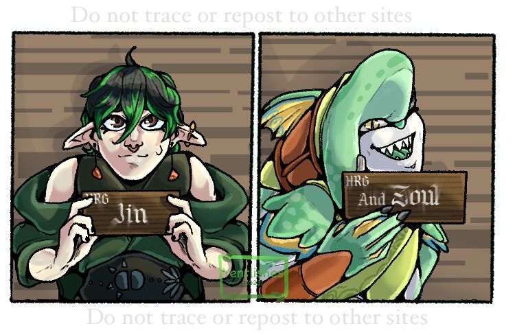 Two oc’s posing with thier names on a plate for their mugshots 