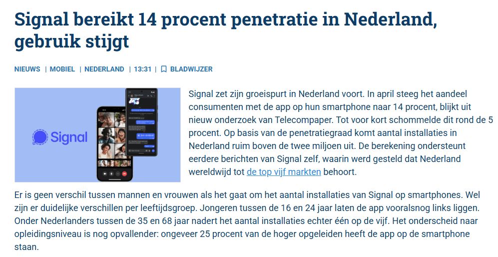 Signal zet zijn groeispurt in Nederland voort. In april steeg het aandeel consumenten met de app op hun smartphone naar 14 procent, blijkt uit nieuw onderzoek van Telecompaper. Tot voor kort schommelde dit rond de 5 procent. Op basis van de penetratiegraad komt aantal installaties in Nederland ruim boven de twee miljoen uit. De berekening ondersteunt eerdere berichten van Signal zelf, waarin werd gesteld dat Nederland wereldwijd tot de top vijf markten behoort.

Er is geen verschil tussen mannen en vrouwen als het gaat om het aantal installaties van Signal op smartphones. Wel zijn er duidelijke verschillen per leeftijdsgroep. Jongeren tussen de 16 en 24 jaar laten de app vooralsnog links liggen. Onder Nederlanders tussen de 35 en 68 jaar nadert het aantal installaties echter één op de vijf. Het onderscheid naar opleidingsniveau is nog opvallender: ongeveer 25 procent van de hoger opgeleiden heeft de app op de smartphone staan.