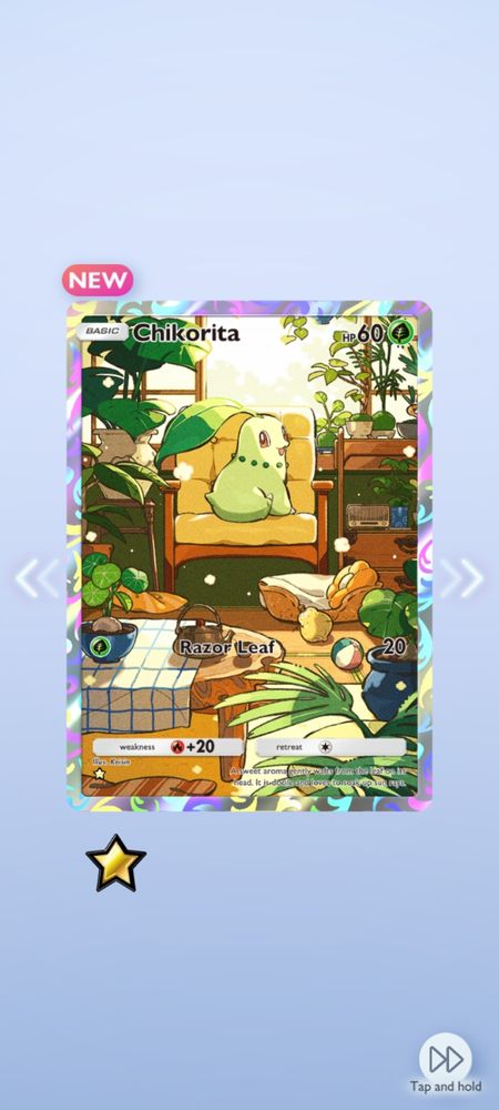 Illustration art of chikorita in Pokémon pocket game.