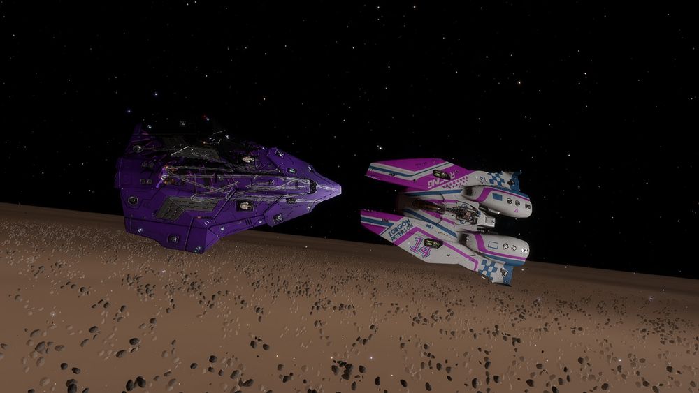 A purple Python and a pink/white Mamba from Elite Dangerous snoot-to-snoot over a planetary ring system. The Python is beat up from battle and covered in laser scorch marks. 
