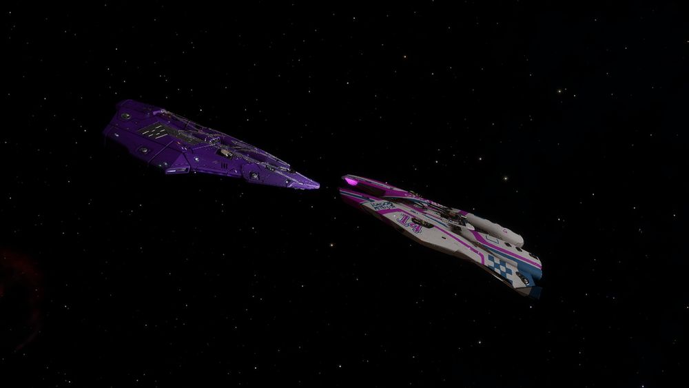 A purple Python and a pink/white Mamba from Elite Dangerous snoot-to-snoot in space