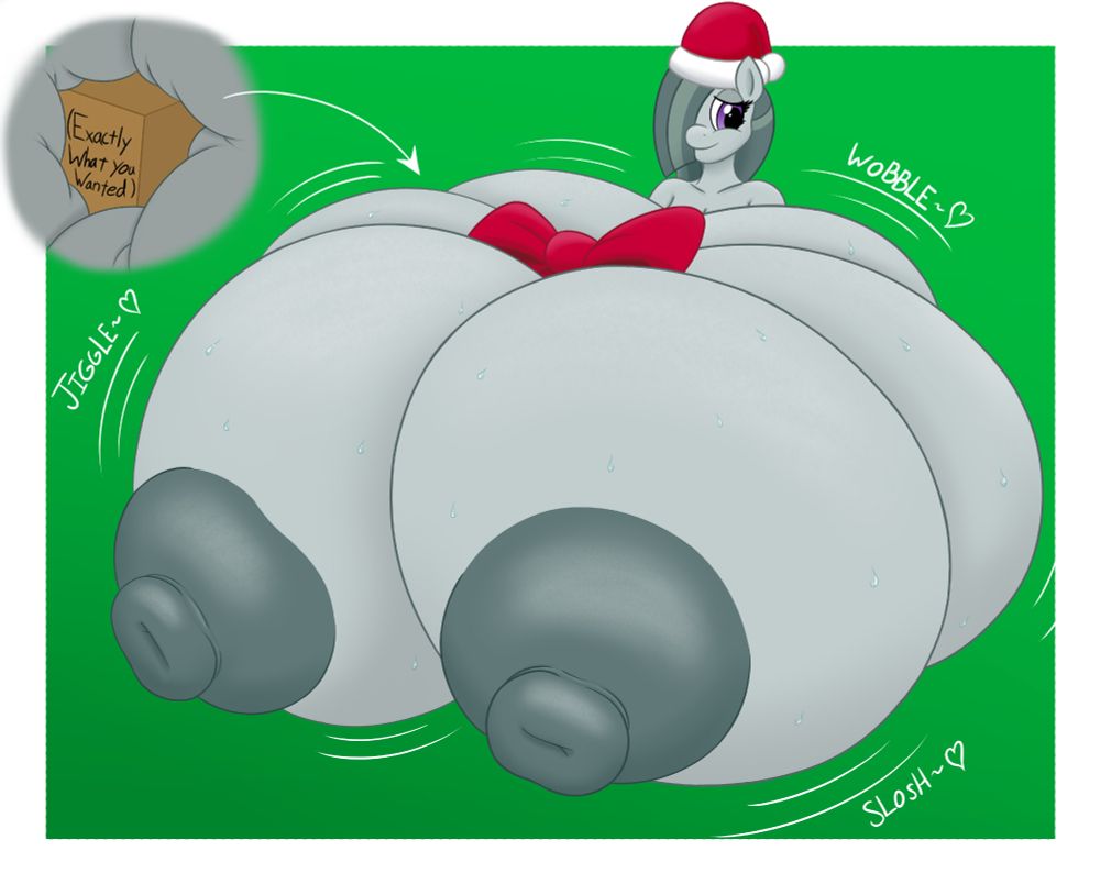 Anthro Marble Pie from MLP wearing a santa hat. She has hyper sized breasts with a gift between them.