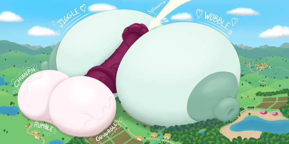 Extreme hyper sized penis sandwiched between the extremely hyper massive breasts of Countess Coloratura from MLP, both of them towering over everything around them. The colossal cock is ejaculating an unfathomable amount of semen.