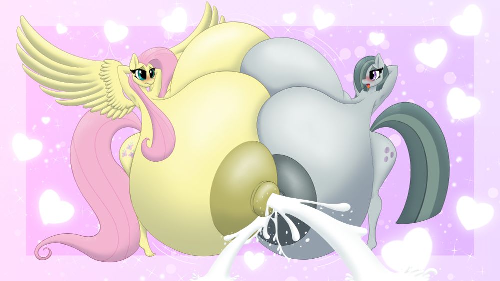 Fluttershy and Marble Pie rubbing their massive hyper sized breasts together but this time with milk coming out of them.