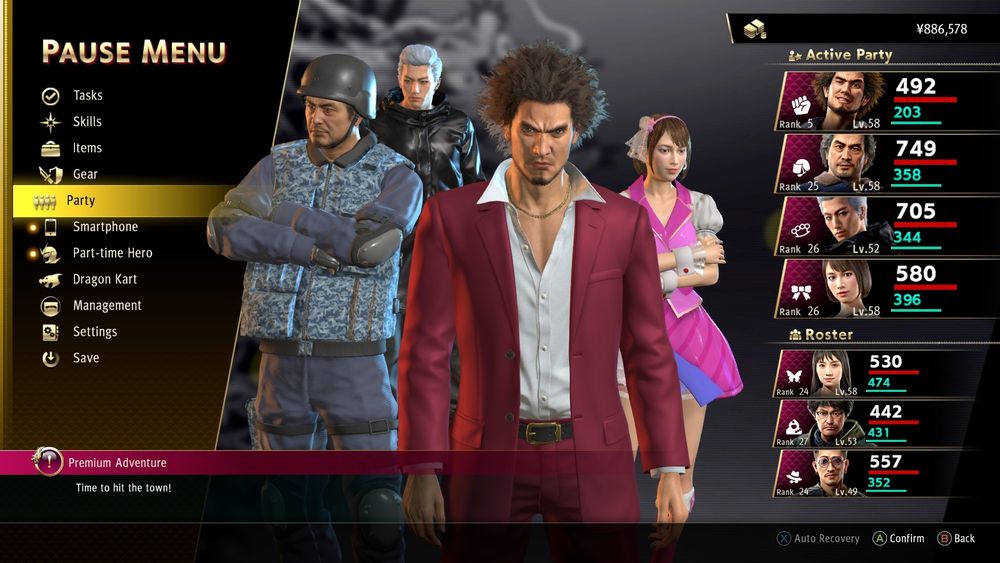Yakuza: Like a Dragon screenshot, my endgame party: Kasuga (Hero), Adachi (Enforcer), Saeko (Idol), and Joon-Gi (Hitman). I used Eri (Hostess) for a good portion of the game as well.