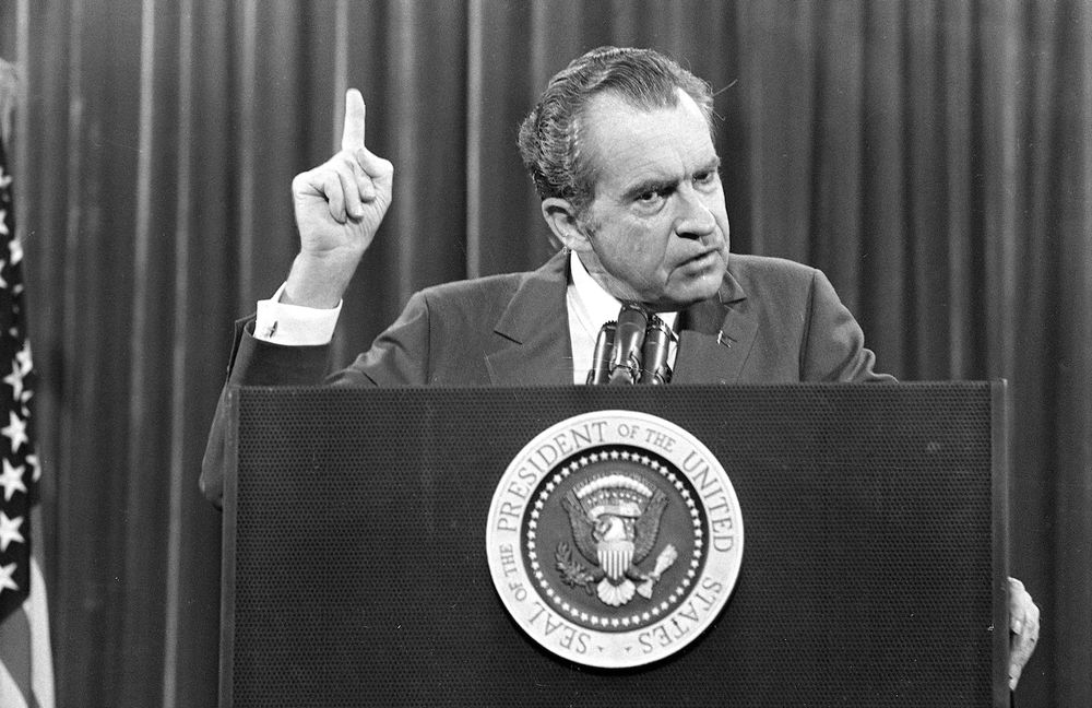Richard "Tricky Dicky" Milhous Nixon at the podium. I dunno if this is actually the bit where he said "I'm not a crook" but that's what I'm going for.