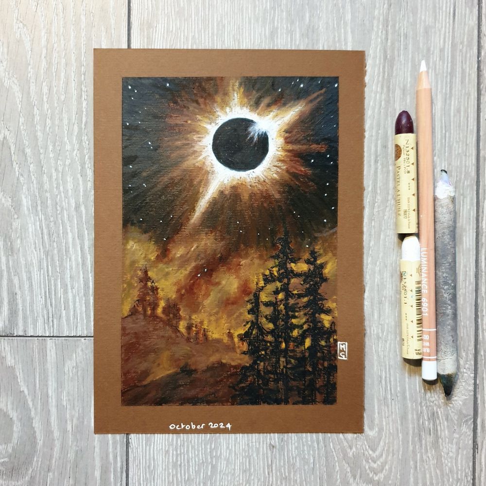 An oil pastel painting of a total solar eclipse over a forest scene. The painting is in a palette of browns with white and black.
an original art work
Fine art oil pastel on toned pastel paper
Size A5 (21cm x 14.5cm)
Sold unframed
