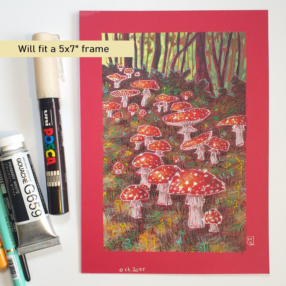 A small colour drawing of a woodland grove filled with fairy toadstools, the iconic red and white fly agaric mushrooms. The drawing is in an illustrative style with white outline around the mushrooms.
Fly agaric is the classic fairy tale toadstool, this red and white fungus is often found beneath birch trees in autumn.
An original art work, please note that the frame is not included.
Colour pencil and mixed media on acid free toned artist paper
5 by 7 inches (12.7 by 17.8 cm).