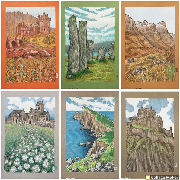 A photo collage of some of my Scottish landscape art:
Eilean Donan Castle, The Callanish Stones, The Tree Sisters at Glencoe, Iona Abbey, Neist Point and Edinburgh Castle. 