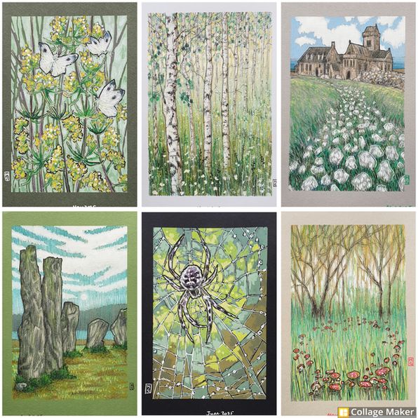 A photo collage of some of my artwork featuring the colour green:
Cabbage white butterflies, a birch tree forest, Iona Abbey, The Callanish Stones, an orb weaver spider and a landscape with a mushroom fairy ring.
