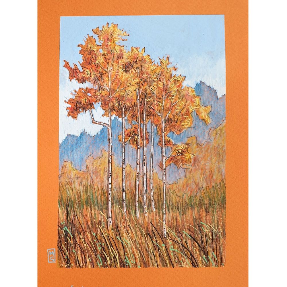 A small colour drawing of an autumnal landscape with orange and yellow trees in long grasses, there are mountains and blue skies in the distance. The drawing is on orange pastel paper.
An original art work, sold unframed.
Colour pencil and mixed media on acid free toned artist paper
5 by 7 inches (12.7 by 17.8 cm).