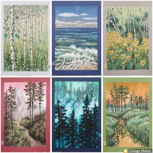 A photo collage of some of my landscape work:
Pale birch trees in a soft green landscape, a seascape with waves lapping up on the beach, a woodland with yellow flowers, a mountain landscape with a path, a forest landscape in blue, a landscape with trees water and reflections and an orange sky.
