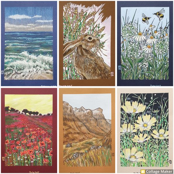 A photo collage of some of my artwork:
A seascape with lapping waves, a brown hare, bees with white flowers, a poppy field landscape, The Three Sisters of Glencoe and pale yellow cosmos flowers. 
