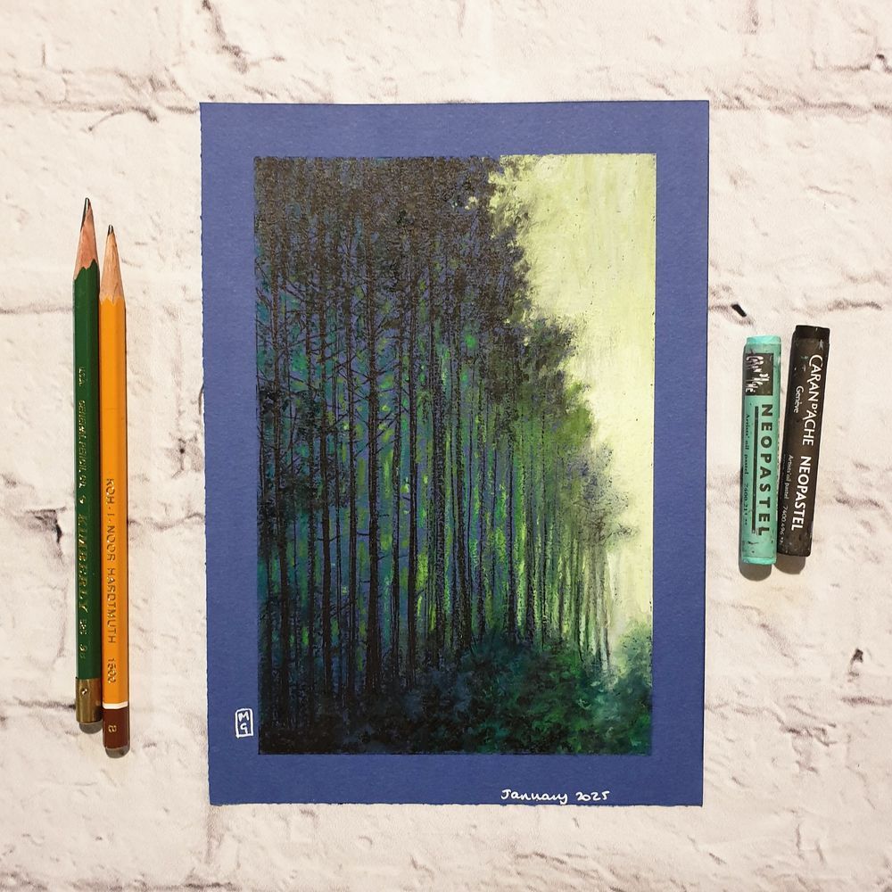 An oil pastel painting of the edge of a dark forest, tall densely planted trees in deep shade with bright golden light where the forest ends. A5 size on blue paper.
This is an original art work
Fine art oil pastel on toned pastel paper
Size A5 (21cm x 14.5cm)
Sold unframed