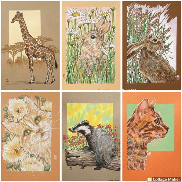 A photo collage of some of my animal art:
A giraffe, a baby rabbit, a hare, a cat portrait with flowers, a badger and an orange tabby cat portrait in profile.